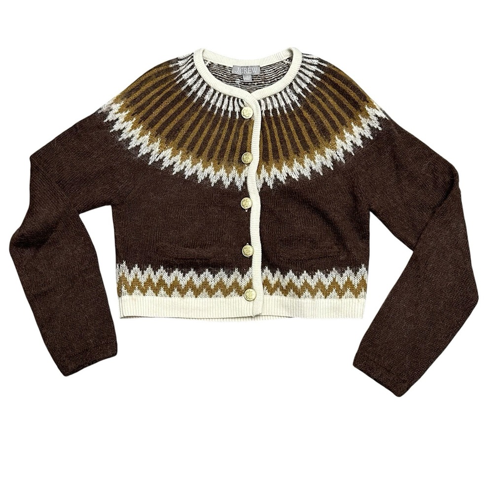 J. CREW BROWN FAIR ISLE WOOL ALPACA + CARDIGAN WOMENS SIZE SMALL SOFT